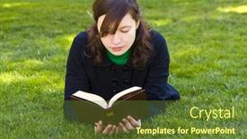  Presentation with grass - Amazing PPT theme having beautiful-brunette-woman-reading backdrop and a tawny brown colored foreground