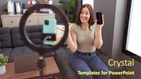  Presentation with recording - Presentation having beautiful-brunette-woman-recording-vlog background and a  colored foreground