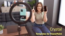  Presentation with recording - Slides with beautiful-brunette-woman-recording-vlog background and a tawny brown colored foreground