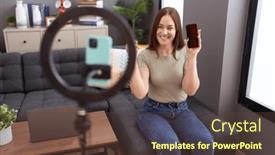  Presentation with nineteenth century woman - Presentation theme with beautiful-brunette-woman-recording-vlog background and a tawny brown colored foreground