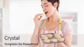  Presentation with muffins - Beautiful theme featuring beautiful brunette woman showing muffins while eating one in a kitchen backdrop and a lemonade colored foreground