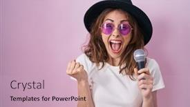  Presentation with young sing woman singing young - Presentation theme enhanced with beautiful-brunette-woman-singing-song background and a soft green colored foreground