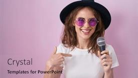  Presentation with self - Slide set consisting of beautiful-brunette-woman-singing-song background and a soft green colored foreground