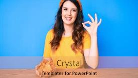  Presentation with potato chips - PPT layouts consisting of beautiful-brunette-woman-sitting background and a coral colored foreground