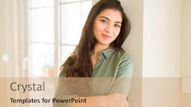  Presentation with cheerful - Presentation theme having beautiful brunette woman smiling cheerful looking happy and positive with crossed arms background and a coral colored foreground