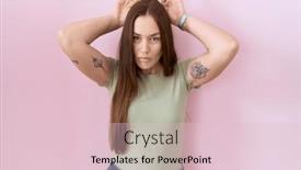  Presentation with bunny - PPT layouts enhanced with beautiful-brunette-woman-standing-over background and a lemonade colored foreground