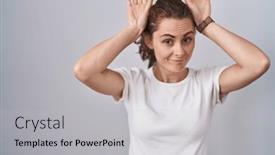  Presentation with bunny - PPT theme having beautiful-brunette-woman-standing-over background and a light gray colored foreground