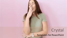  Presentation with sleepiness - Presentation with beautiful-brunette-woman-standing-over background and a coral colored foreground