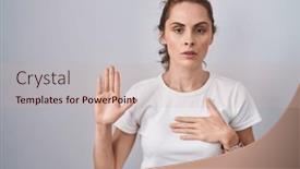  Presentation with hand palm - PPT theme having beautiful-brunette-woman-standing-over background and a soft green colored foreground