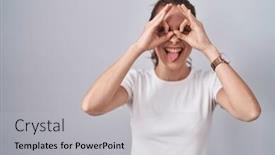  Presentation with tongue - Presentation theme consisting of beautiful-brunette-woman-standing-over background and a light gray colored foreground