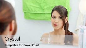  Presentation with bathroom - Beautiful theme featuring beautiful brunette woman using mouthwash backdrop and a sky blue colored foreground