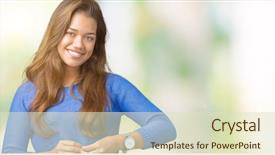  Presentation with young woman wearing boxer gloves - PPT theme enhanced with beautiful brunette woman wearing blue background and a  colored foreground