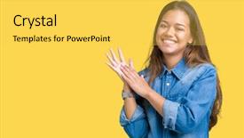  Presentation with together puzzle pieces beautiful - Audience pleasing presentation design consisting of beautiful brunette woman wearing blue backdrop and a  colored foreground