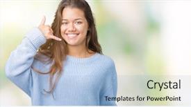  Presentation with winter blue - Cool new PPT layouts with beautiful brunette woman wearing blue backdrop and a  colored foreground