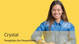  Presentation with together puzzle pieces beautiful - Cool new PPT theme with beautiful brunette woman wearing blue backdrop and a  colored foreground