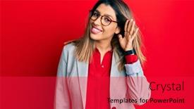  Presentation with ear - PPT theme featuring beautiful-brunette-woman-wearing-business background and a red colored foreground