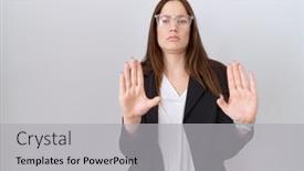  Presentation with moving business - Slide deck with beautiful-brunette-woman-wearing-business background and a light gray colored foreground