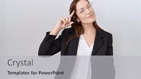  Presentation with thought - Presentation theme having beautiful-brunette-woman-wearing-business background and a light gray colored foreground