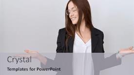  Presentation with woman hands open - PPT theme consisting of beautiful-brunette-woman-wearing-business and a light gray colored foreground