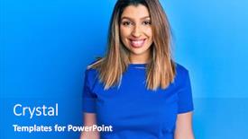  Presentation with tshirt - Presentation theme featuring beautiful-brunette-woman-wearing-casual background and a cobalt blue colored foreground