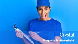  Presentation with courier - Audience pleasing PPT layouts consisting of beautiful-brunette-woman-wearing-courier backdrop and a cobalt blue colored foreground