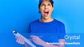  Presentation with courier - Slide deck with beautiful-brunette-woman-wearing-courier background and a cobalt blue colored foreground