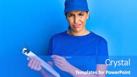  Presentation with courier - Audience pleasing slide set consisting of beautiful-brunette-woman-wearing-courier backdrop and a cobalt blue colored foreground