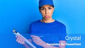  Presentation with courier - Beautiful presentation theme featuring beautiful-brunette-woman-wearing-courier backdrop and a cobalt blue colored foreground