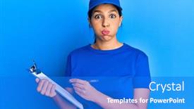  Presentation with courier - Beautiful slide deck featuring beautiful-brunette-woman-wearing-courier backdrop and a cobalt blue colored foreground