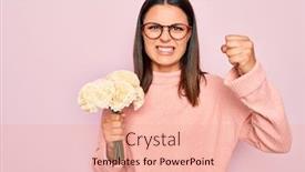  Presentation with hand holding flowers - Colorful PPT theme enhanced with beautiful-brunette-woman-wearing-glasses backdrop and a coral colored foreground