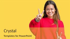  Presentation with victory - PPT theme enhanced with beautiful brunette woman wearing red background and a  colored foreground