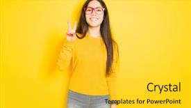  Presentation with red and yellow - Colorful slide deck enhanced with beautiful brunette woman wearing red backdrop and a  colored foreground