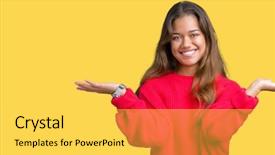  Presentation with woman hands open - Audience pleasing PPT theme consisting of beautiful brunette woman wearing red backdrop and a  colored foreground