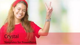  Presentation with victory - Amazing PPT layouts having beautiful brunette woman wearing red backdrop and a  colored foreground