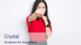  Presentation with violence woman - Slide deck featuring beautiful brunette woman wearing red background and a sky blue colored foreground