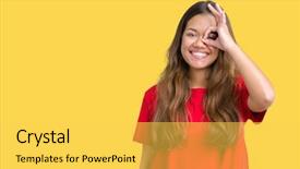  Presentation with eye - Presentation theme featuring beautiful brunette woman wearing red background and a  colored foreground