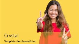  Presentation with victory - Theme enhanced with beautiful brunette woman wearing red background and a  colored foreground