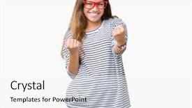  Presentation with winner - Beautiful presentation design featuring beautiful brunette woman wearing stripe backdrop and a white colored foreground