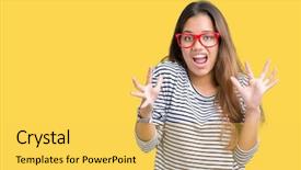  Presentation with red stripe - Amazing PPT layouts having beautiful brunette woman wearing stripe backdrop and a yellow colored foreground