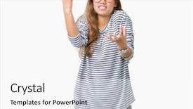  Presentation with frustration - Cool new slide set with beautiful brunette woman wearing stripe backdrop and a white colored foreground
