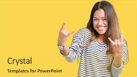  Presentation with teal design music symbol - PPT theme with beautiful brunette woman wearing stripes background and a yellow colored foreground