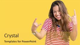  Presentation with rock star - PPT theme enhanced with beautiful brunette woman wearing stripes background and a yellow colored foreground