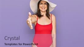  Presentation with friendly - Presentation theme consisting of beautiful-brunette-woman-wearing-swimsuit background and a  colored foreground