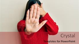  Presentation with woman sad - Presentation theme featuring beautiful-brunette-woman-wearing-wool background and a  colored foreground