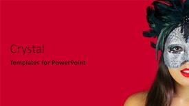  Presentation with masquerade - Slide deck featuring beautiful brunette woman wearing a masquerade mask against a red background background and a dark gray colored foreground