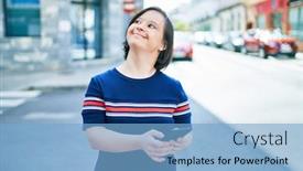  Presentation with down syndrome - Cool new PPT layouts with beautiful-brunette-woman-with-down backdrop and a light blue colored foreground
