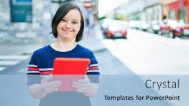  Presentation with down syndrome - Audience pleasing slide set consisting of beautiful-brunette-woman-with-down backdrop and a light blue colored foreground