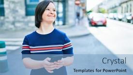  Presentation with down syndrome - PPT theme with beautiful-brunette-woman-with-down background and a light blue colored foreground