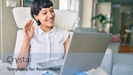  Presentation with video conference - Cool new slide deck with beautiful-brunette-woman-with-short backdrop and a light blue colored foreground