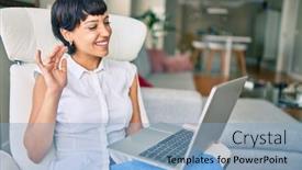  Presentation with video conference - Slide deck with beautiful-brunette-woman-with-short background and a light blue colored foreground